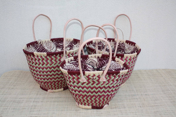 Panier ROND tissu WAX africain - Cabas Anses Longues - Sac Bordeaux & Naturel - 3 TAILLES - Marchés, courses, plage...