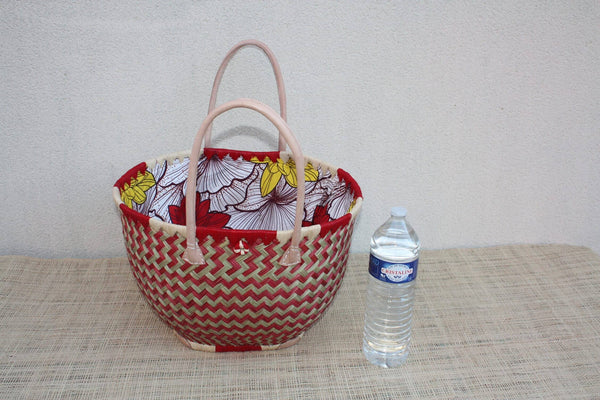 Panier ROND - Beau Tissu WAX africain - Rouge & Naturel - Cabas Sac Anses Longues - 3 TAILLES - Marchés, courses, plage...