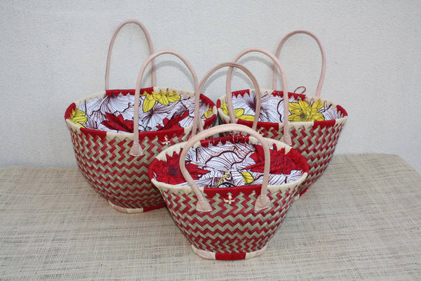 Panier ROND - Beau Tissu WAX africain - Rouge & Naturel - Cabas Sac Anses Longues - 3 TAILLES - Marchés, courses, plage...