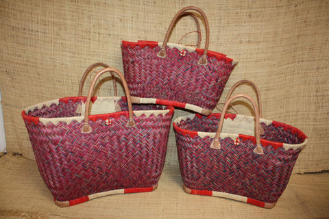 Cabas à courses Panier ARTISANAL MADAGASCAR - Naturel & Rouge - Tressé à la main - 3 tailles au choix - osier rotin paille