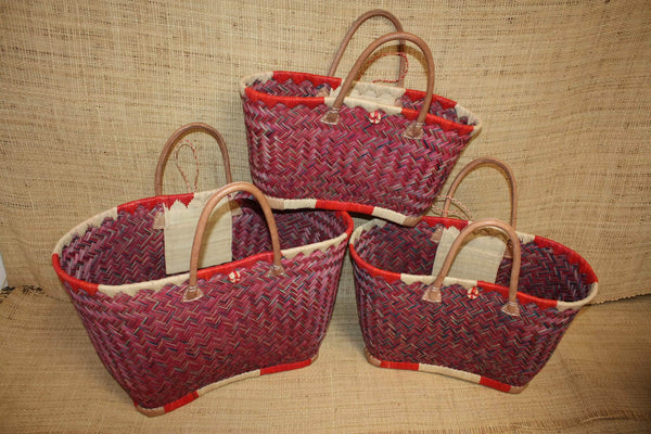 Cabas à courses Panier ARTISANAL MADAGASCAR - Naturel & Rouge - Tressé à la main - 3 tailles au choix - osier rotin paille