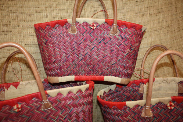 Cabas à courses Panier ARTISANAL MADAGASCAR - Naturel & Rouge - Tressé à la main - 3 tailles au choix - osier rotin paille