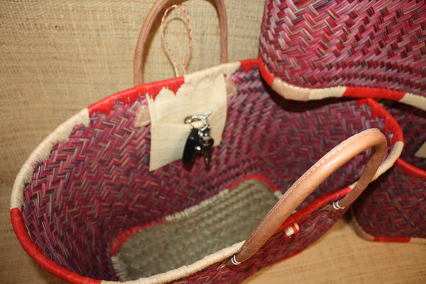 Cabas à courses Panier ARTISANAL MADAGASCAR - Naturel & Rouge - Tressé à la main - 3 tailles au choix - osier rotin paille