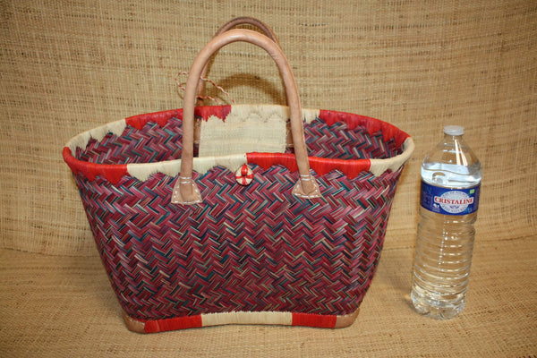 Cabas à courses Panier ARTISANAL MADAGASCAR - Naturel & Rouge - Tressé à la main - 3 tailles au choix - osier rotin paille