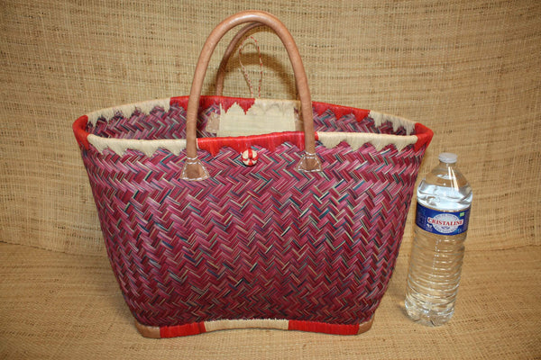Cabas à courses Panier ARTISANAL MADAGASCAR - Naturel & Rouge - Tressé à la main - 3 tailles au choix - osier rotin paille