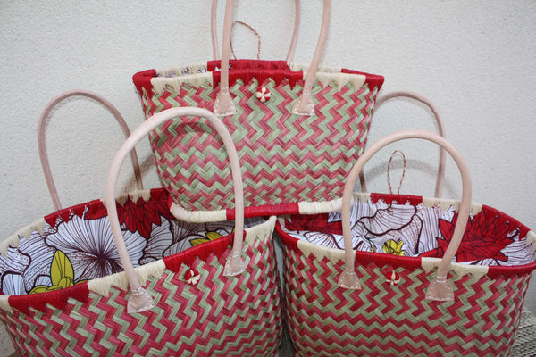 Panier à courses ROUGE & NATUREL de MADAGASCAR - Sac Pochon Tissu Wax - Cabas tressé à la main - 3 tailles - plage osier marché paille rotin