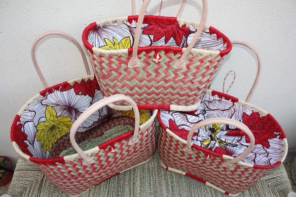 Panier à courses ROUGE & NATUREL de MADAGASCAR - Sac Pochon Tissu Wax - Cabas tressé à la main - 3 tailles - plage osier marché paille rotin