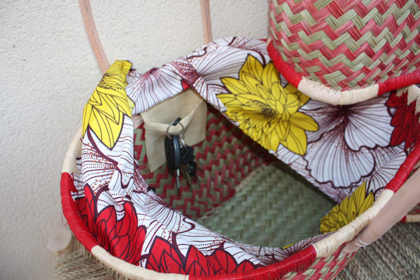 Panier à courses ROUGE & NATUREL de MADAGASCAR - Sac Pochon Tissu Wax - Cabas tressé à la main - 3 tailles - plage osier marché paille rotin