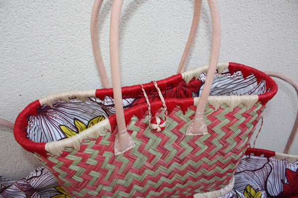 Panier à courses ROUGE & NATUREL de MADAGASCAR - Sac Pochon Tissu Wax - Cabas tressé à la main - 3 tailles - plage osier marché paille rotin