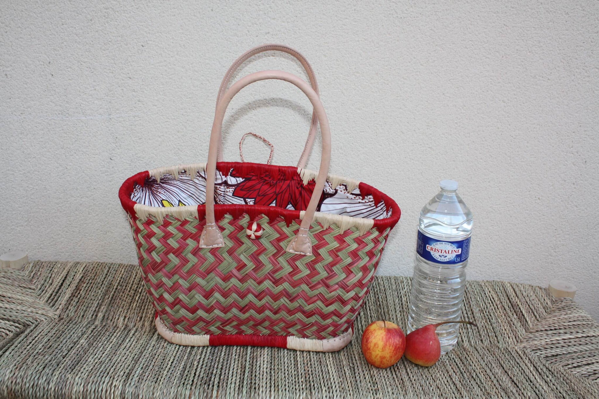 Panier à courses ROUGE & NATUREL de MADAGASCAR - Sac Pochon Tissu Wax - Cabas tressé à la main - 3 tailles - plage osier marché paille rotin