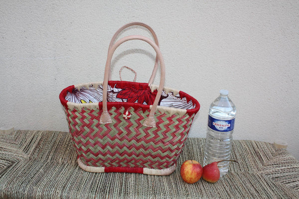 Panier à courses ROUGE & NATUREL de MADAGASCAR - Sac Pochon Tissu Wax - Cabas tressé à la main - 3 tailles - plage osier marché paille rotin
