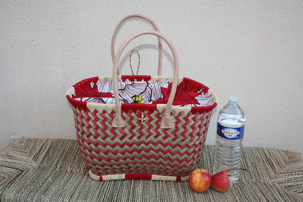 Panier à courses ROUGE & NATUREL de MADAGASCAR - Sac Pochon Tissu Wax - Cabas tressé à la main - 3 tailles - plage osier marché paille rotin