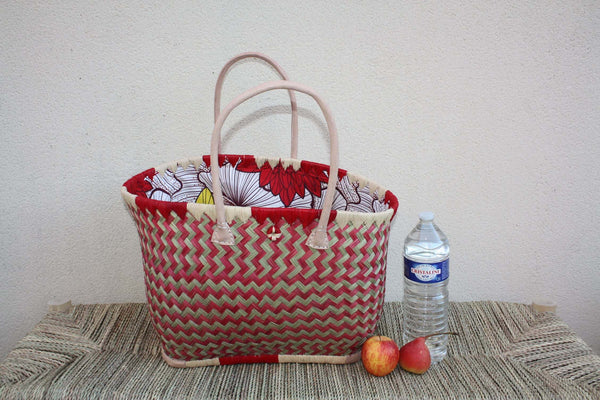Panier à courses ROUGE & NATUREL de MADAGASCAR - Sac Pochon Tissu Wax - Cabas tressé à la main - 3 tailles - plage osier marché paille rotin