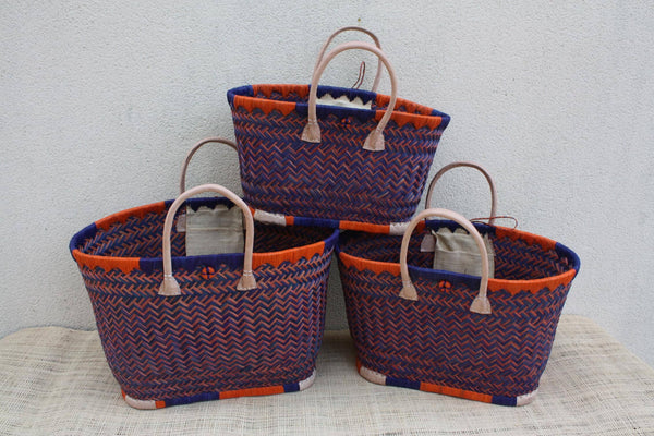 Panier à courses de Madagascar - Cabas Turquoise & Orange - Sac tressé Artisanal - 3 tailles au choix -
