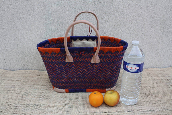 Panier à courses de Madagascar - Cabas Turquoise & Orange - Sac tressé Artisanal - 3 tailles au choix -