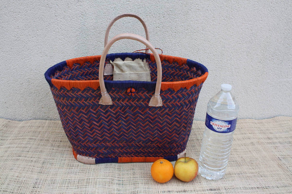 Panier à courses de Madagascar - Cabas Turquoise & Orange - Sac tressé Artisanal - 3 tailles au choix -