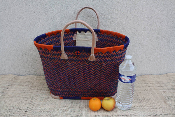 Panier à courses de Madagascar - Cabas Turquoise & Orange - Sac tressé Artisanal - 3 tailles au choix -