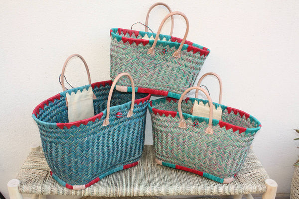 Cabas à courses de Madagascar - Panier Turquoise & Rouge - Sac tressé Artisanal - 3 tailles au choix -