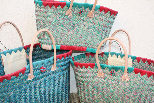Cabas à courses de Madagascar - Panier Turquoise & Rouge - Sac tressé Artisanal - 3 tailles au choix -