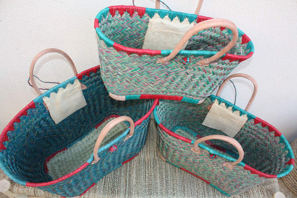 Cabas à courses de Madagascar - Panier Turquoise & Rouge - Sac tressé Artisanal - 3 tailles au choix -