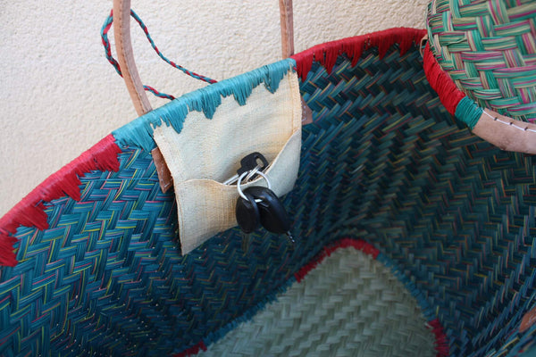 Cabas à courses de Madagascar - Panier Turquoise & Rouge - Sac tressé Artisanal - 3 tailles au choix -