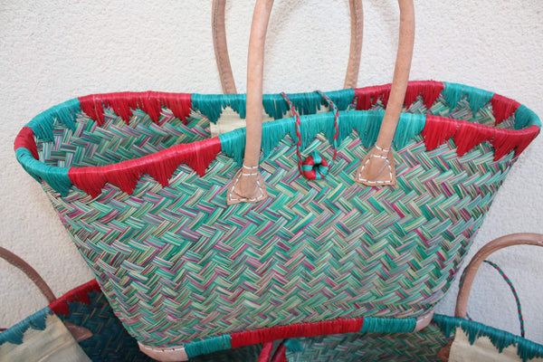 Cabas à courses de Madagascar - Panier Turquoise & Rouge - Sac tressé Artisanal - 3 tailles au choix -