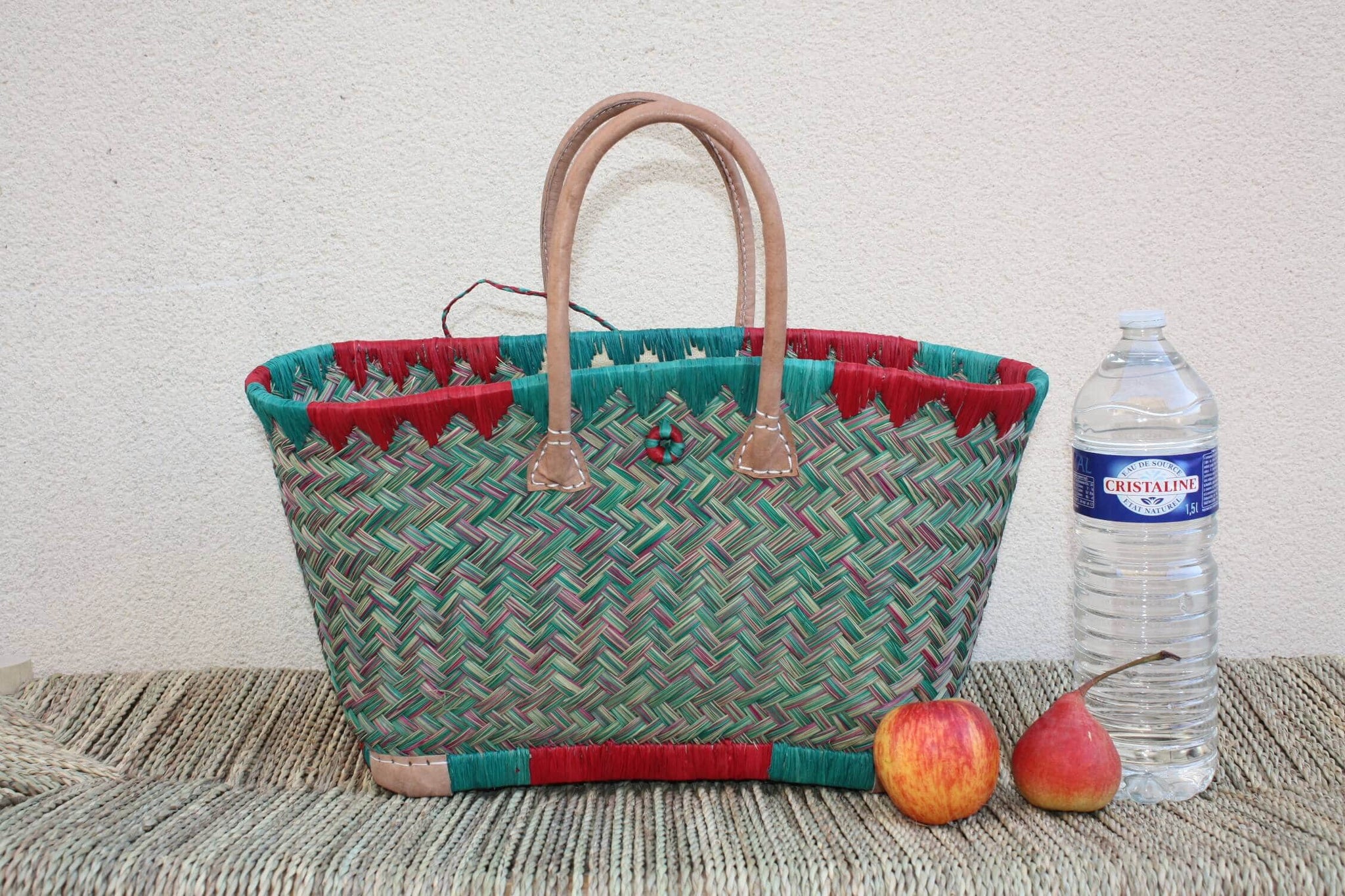 Cabas à courses de Madagascar - Panier Turquoise & Rouge - Sac tressé Artisanal - 3 tailles au choix -