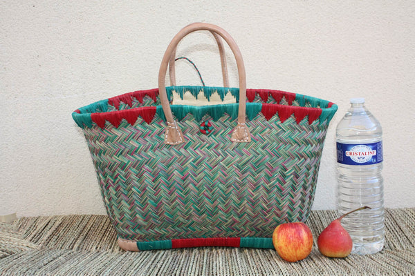 Cabas à courses de Madagascar - Panier Turquoise & Rouge - Sac tressé Artisanal - 3 tailles au choix -