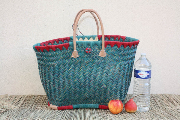 Cabas à courses de Madagascar - Panier Turquoise & Rouge - Sac tressé Artisanal - 3 tailles au choix -