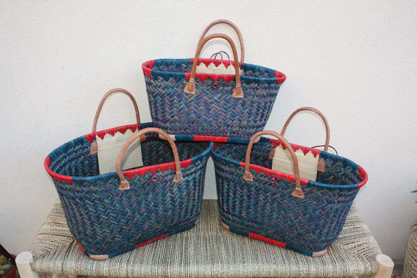 Panier à courses de Madagascar - Bleu & Rouge - Sac Cabas tressé Artisanal osier rotin paille - 3 tailles au choix -