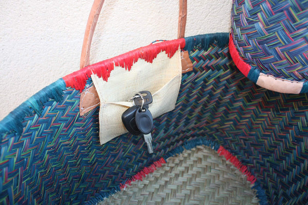 Panier à courses de Madagascar - Bleu & Rouge - Sac Cabas tressé Artisanal osier rotin paille - 3 tailles au choix -