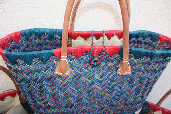 Panier à courses de Madagascar - Bleu & Rouge - Sac Cabas tressé Artisanal osier rotin paille - 3 tailles au choix -