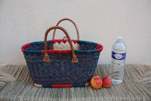 Panier à courses de Madagascar - Bleu & Rouge - Sac Cabas tressé Artisanal osier rotin paille - 3 tailles au choix -