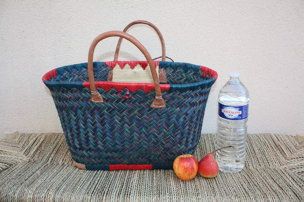 Panier à courses de Madagascar - Bleu & Rouge - Sac Cabas tressé Artisanal osier rotin paille - 3 tailles au choix -