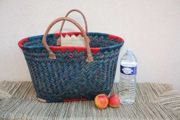 Panier à courses de Madagascar - Bleu & Rouge - Sac Cabas tressé Artisanal osier rotin paille - 3 tailles au choix -