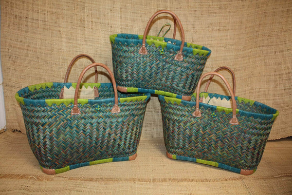 Panier sac cabas - Vert & Turquoise - tressé à la main - idéal courses , marchés , travail , plage , déco... raphia palmier - 3 TAILLES
