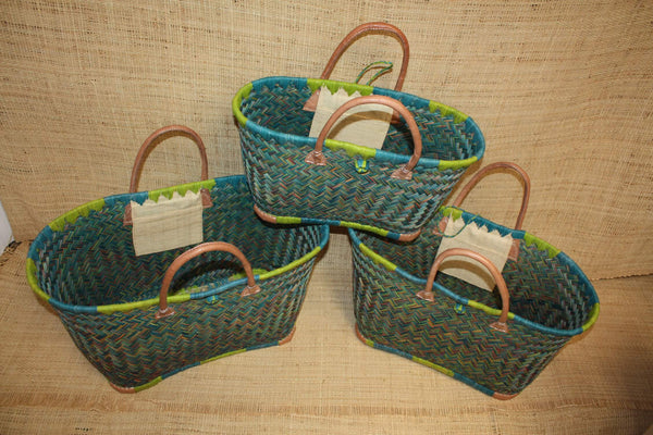 Panier sac cabas - Vert & Turquoise - tressé à la main - idéal courses , marchés , travail , plage , déco... raphia palmier - 3 TAILLES