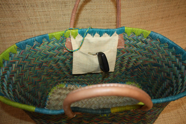 Panier sac cabas - Vert & Turquoise - tressé à la main - idéal courses , marchés , travail , plage , déco... raphia palmier - 3 TAILLES