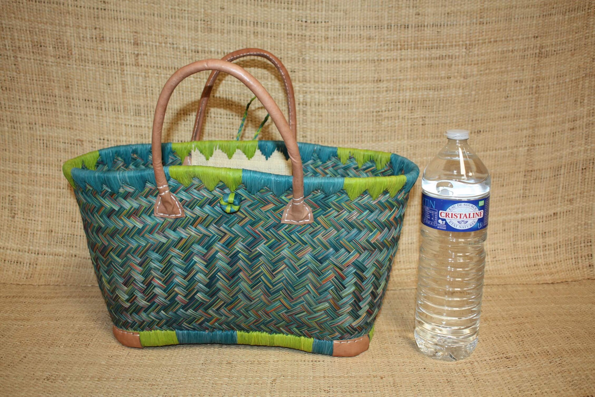 Panier sac cabas - Vert & Turquoise - tressé à la main - idéal courses , marchés , travail , plage , déco... raphia palmier - 3 TAILLES