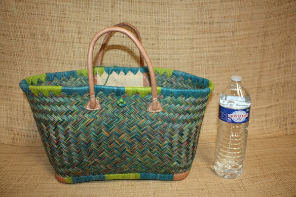Panier sac cabas - Vert & Turquoise - tressé à la main - idéal courses , marchés , travail , plage , déco... raphia palmier - 3 TAILLES
