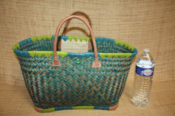 Panier sac cabas - Vert & Turquoise - tressé à la main - idéal courses , marchés , travail , plage , déco... raphia palmier - 3 TAILLES