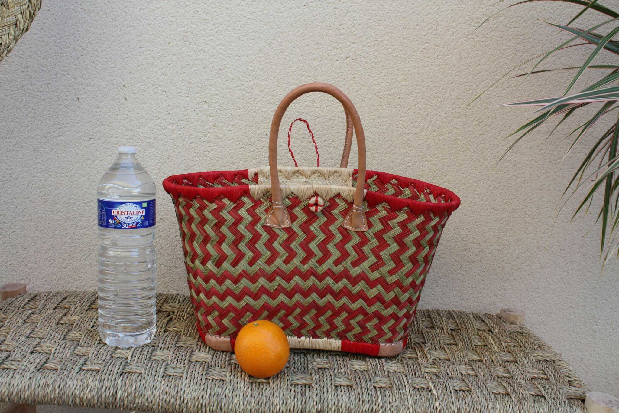 Beau panier à courses - Cabas ARTISANAL MADAGASCAR - Sac Rouge & Naturel - Tressé Main - 3 tailles au choix - plage osier paille