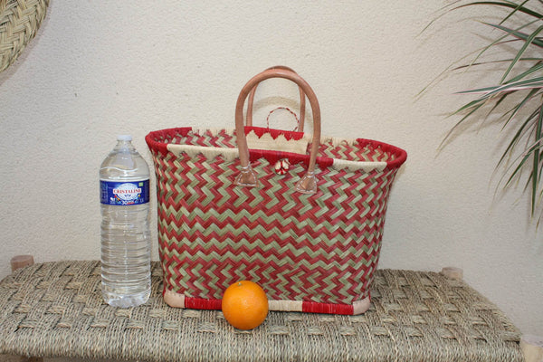 Beau panier à courses - Cabas ARTISANAL MADAGASCAR - Sac Rouge & Naturel - Tressé Main - 3 tailles au choix - plage osier paille