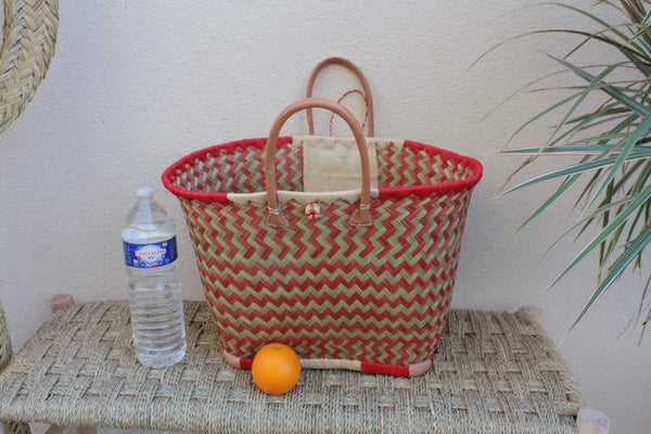 Beau panier à courses - Cabas ARTISANAL MADAGASCAR - Sac Rouge & Naturel - Tressé Main - 3 tailles au choix - plage osier paille