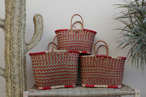 Beau panier à courses - Cabas ARTISANAL MADAGASCAR - Sac Rouge & Naturel - Tressé Main - 3 tailles au choix - plage osier paille