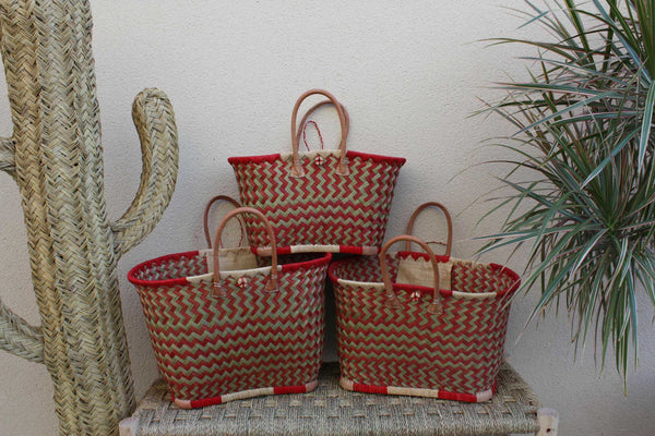 Beau panier à courses - Cabas ARTISANAL MADAGASCAR - Sac Rouge & Naturel - Tressé Main - 3 tailles au choix - plage osier paille