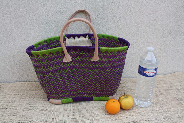Panier en osier de Madagascar VIOLET artisanal – Sac cabas tressé à la main avec anses en cuir – Style bohème chic