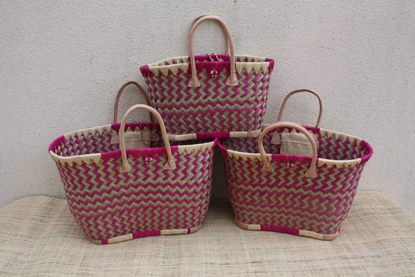 Panier osier rose & naturel – Sac plage cabas marché artisanal Madagascar, rotin tressé main, anses cuir (3 tailles)