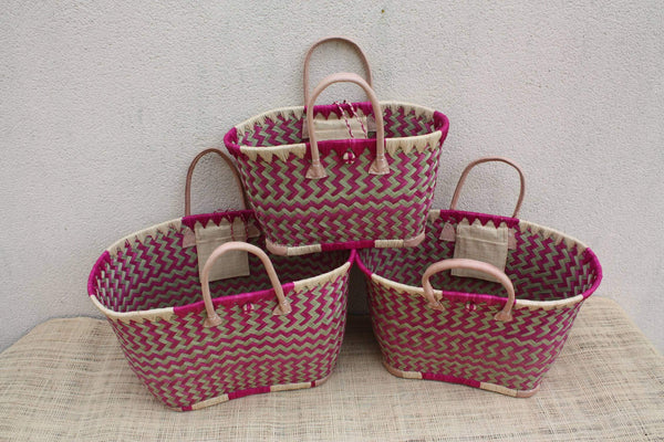 Panier osier rose & naturel – Sac plage cabas marché artisanal Madagascar, rotin tressé main, anses cuir (3 tailles)
