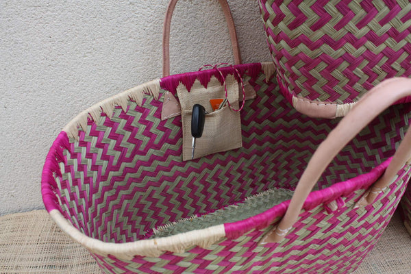 Panier osier rose & naturel – Sac plage cabas marché artisanal Madagascar, rotin tressé main, anses cuir (3 tailles)